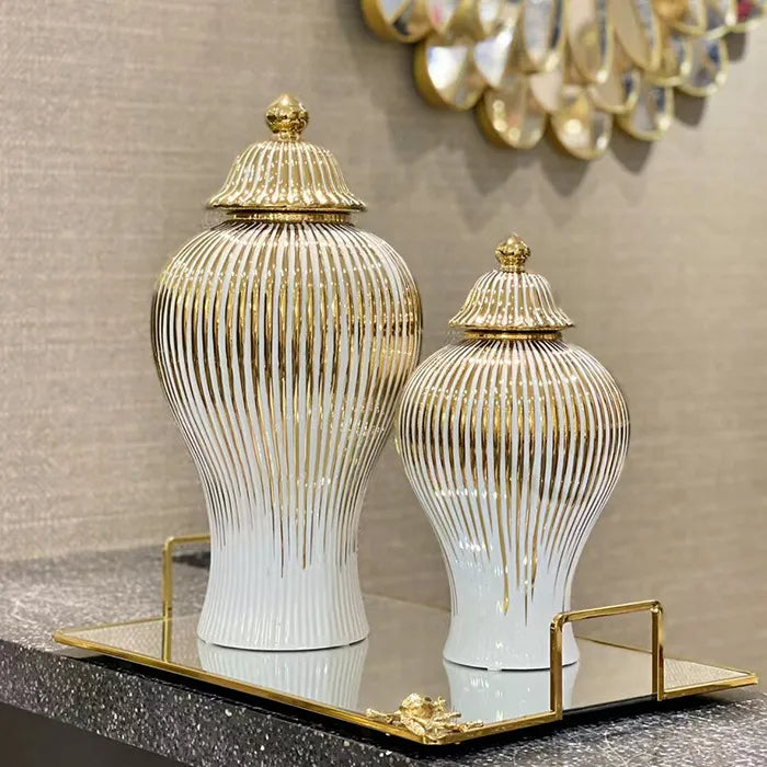 Gold-Pinstriped White Ceramic Jars