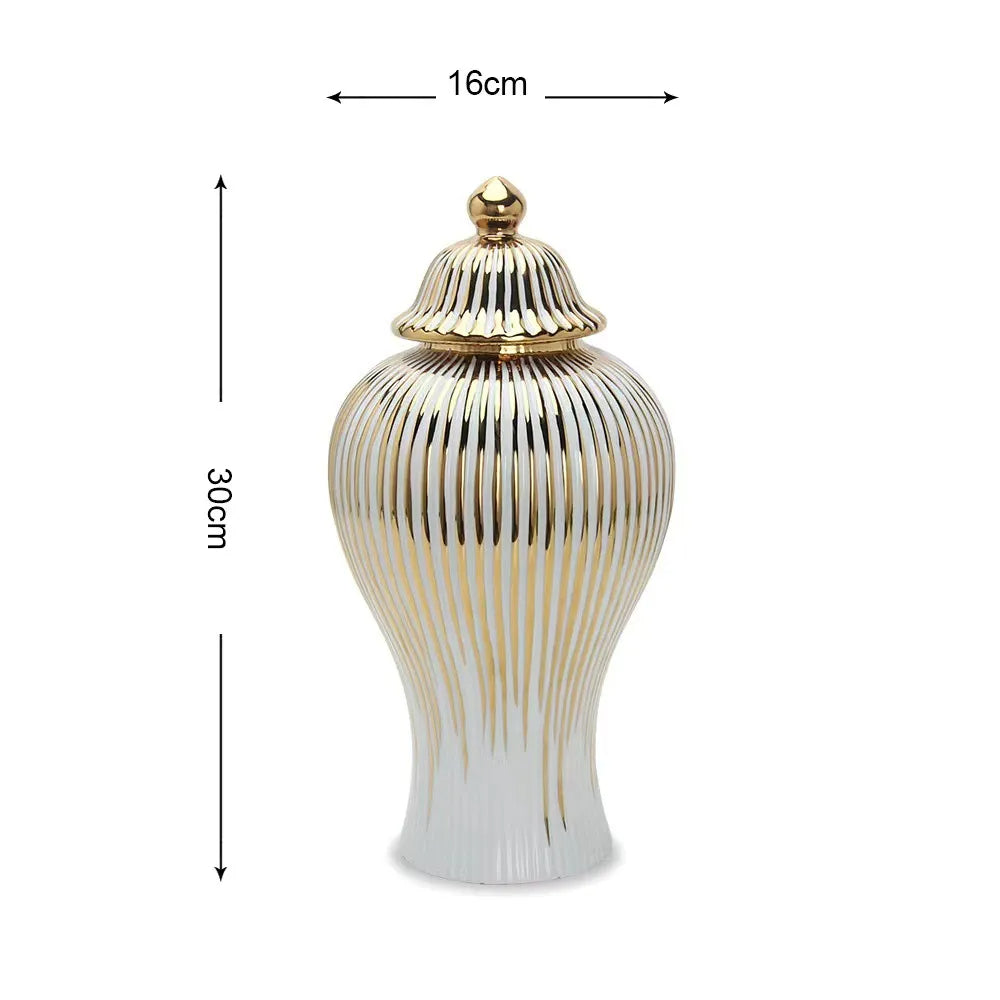 Gold-Pinstriped White Ceramic Jars
