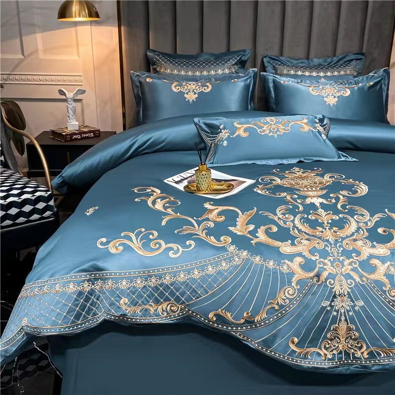 Blue Grey Embroidered Luxury Bedding Set