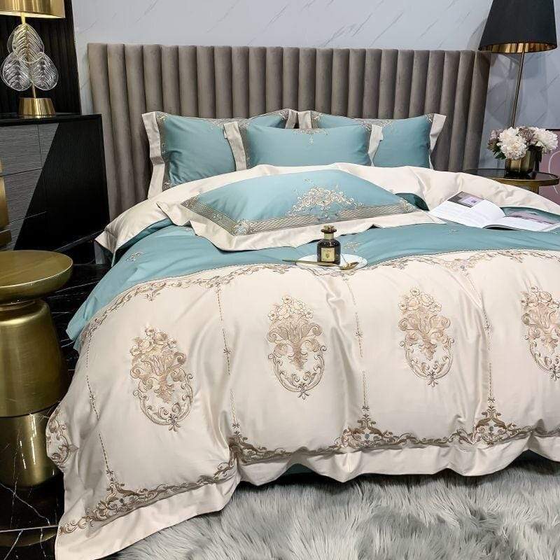 Luxury Bedding Sets Embroidered Egyptian Cotton Soft Blue Bedding Sets  Queen King Size