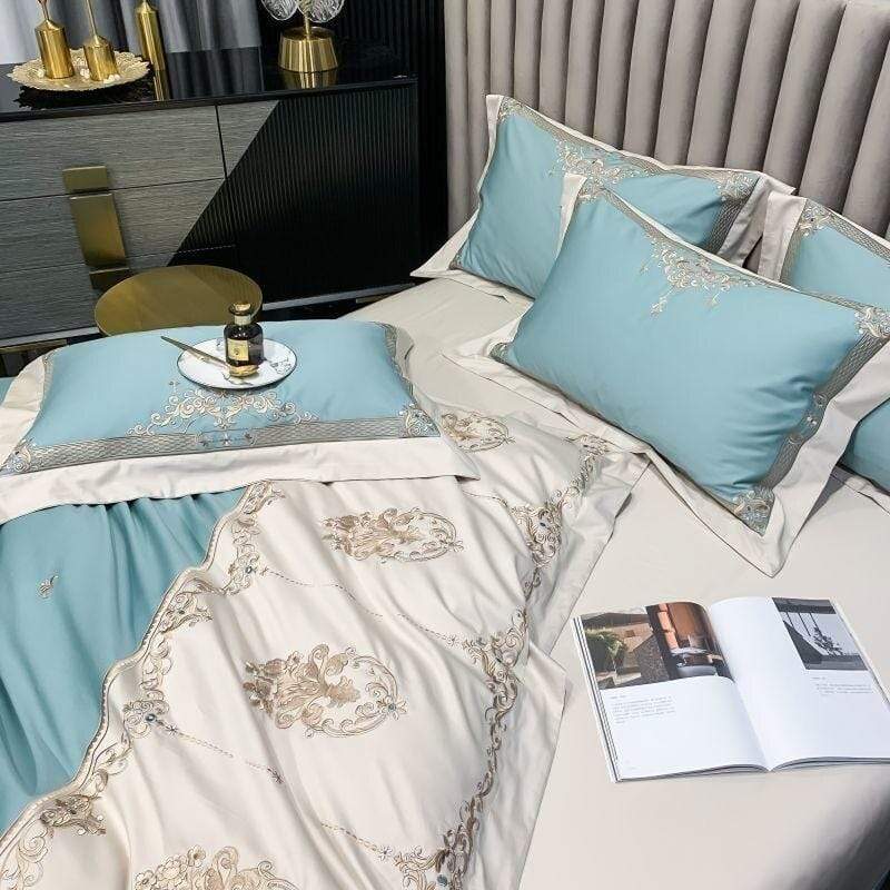 Turquoise Blue Embroidered Bedding Set
