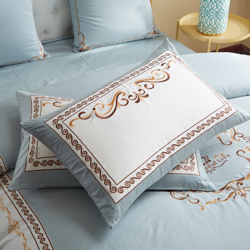 Anubis Sky Blue Embroidered Egyptian Cotton Duvet Cover Set