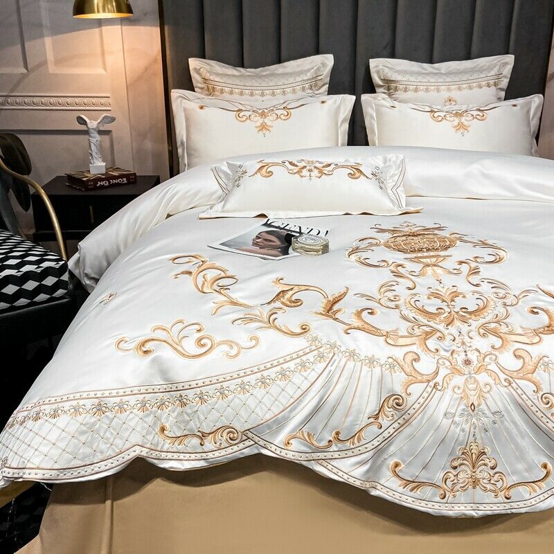 White and Gold Embroidered Bedding Set