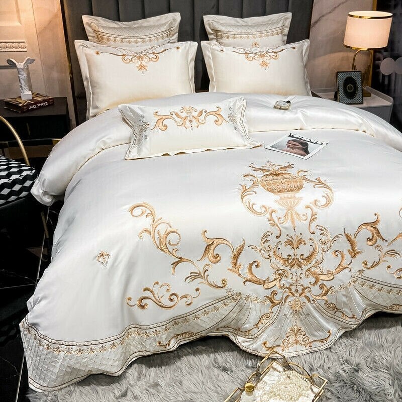 White and Gold Embroidered Bedding Set